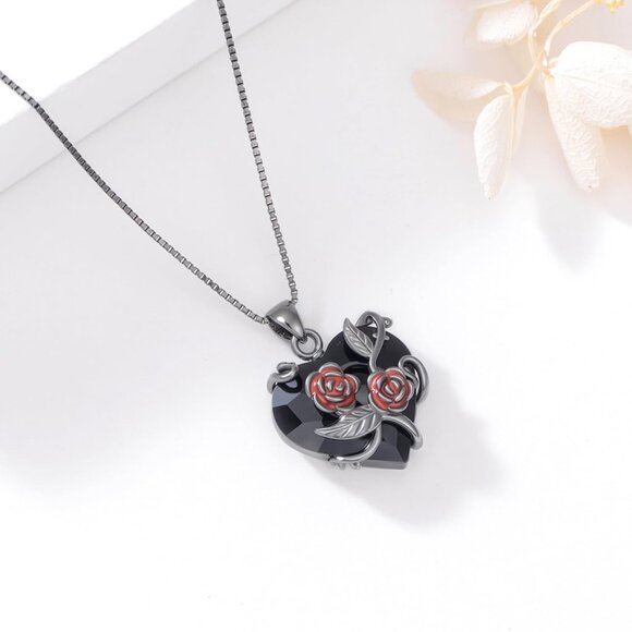 Gothic Black Rose Necklace for Women Men Sterling Silver with Crystals - Picture 5 of 7